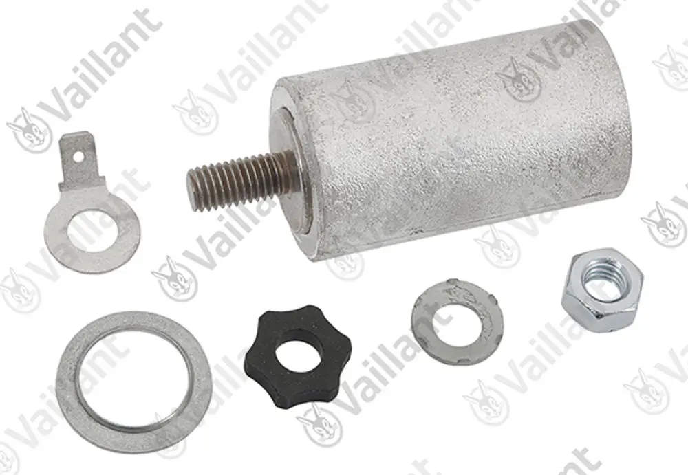 Vaillant Anode mit einem zylindrischen Metallteil und mehreren Montage- sowie Befestigungselementen, darunter Riegel und Unterlegscheiben, auf hellem Hintergrund.